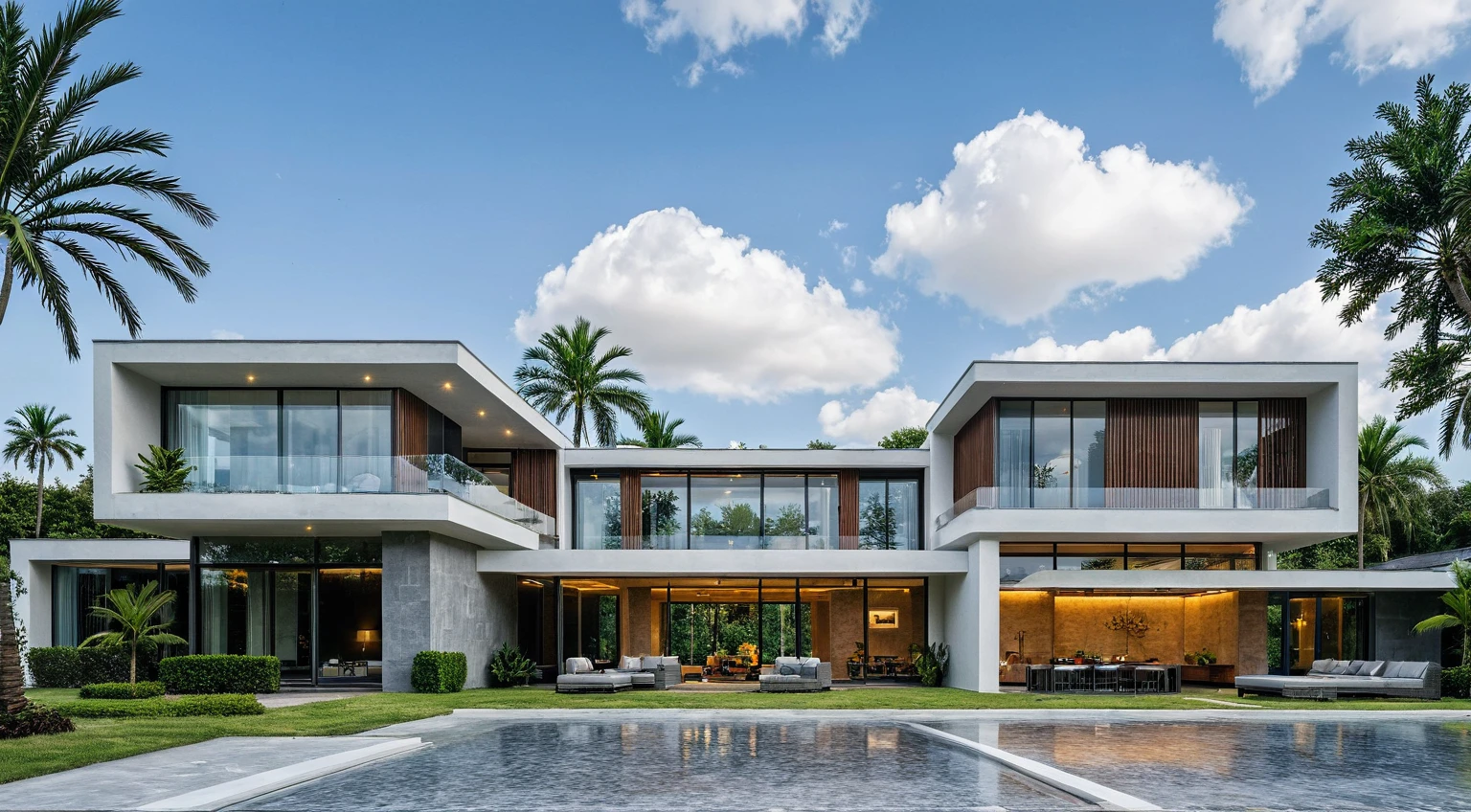 Masterpiece, high quality, best quality, authentic, super detail, outdoors, house style modern,bietthuhn,tile roof, white wall, glass windows, gate road,pavement, grass, trees,blue sky, cloud, (day:1.1), realistic lighting