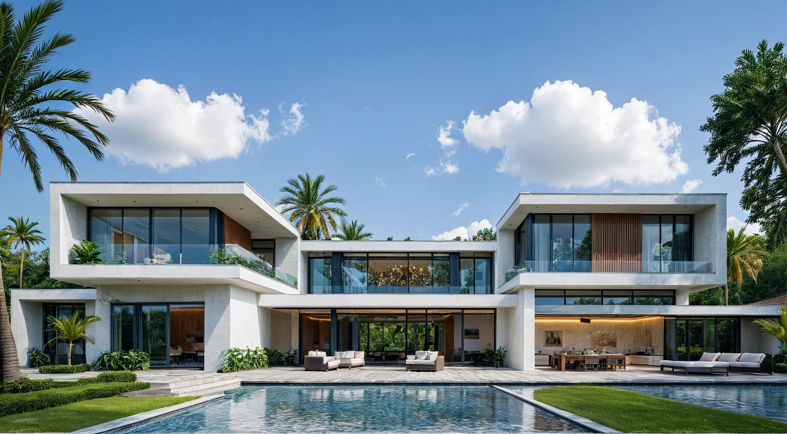 Masterpiece, high quality, best quality, authentic, super detail, outdoors, house style modern,bietthuhn,tile roof, white wall, glass windows, gate road,pavement, grass, trees,blue sky, cloud, (day:1.1), realistic lighting