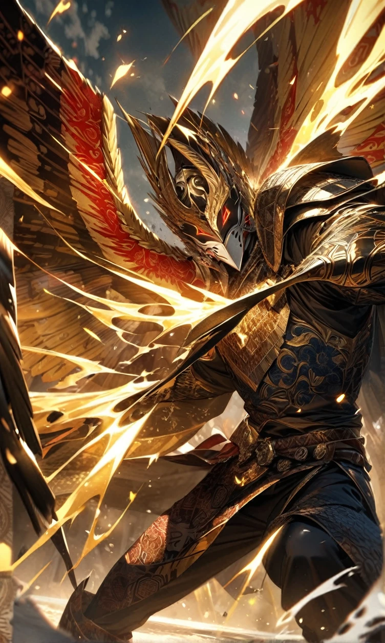 absurdres, highres, ultra detailed, HDR, masterpiece, extremely detailed face and eyes,Indonesian knight,Epic wings,red and white Garuda armor knight , Garuda knight mask, , Indonesia batik pattern , solo, man, handsome, ,, , Epic fight scene, golden splashing effect, golden effect,glowing glitters