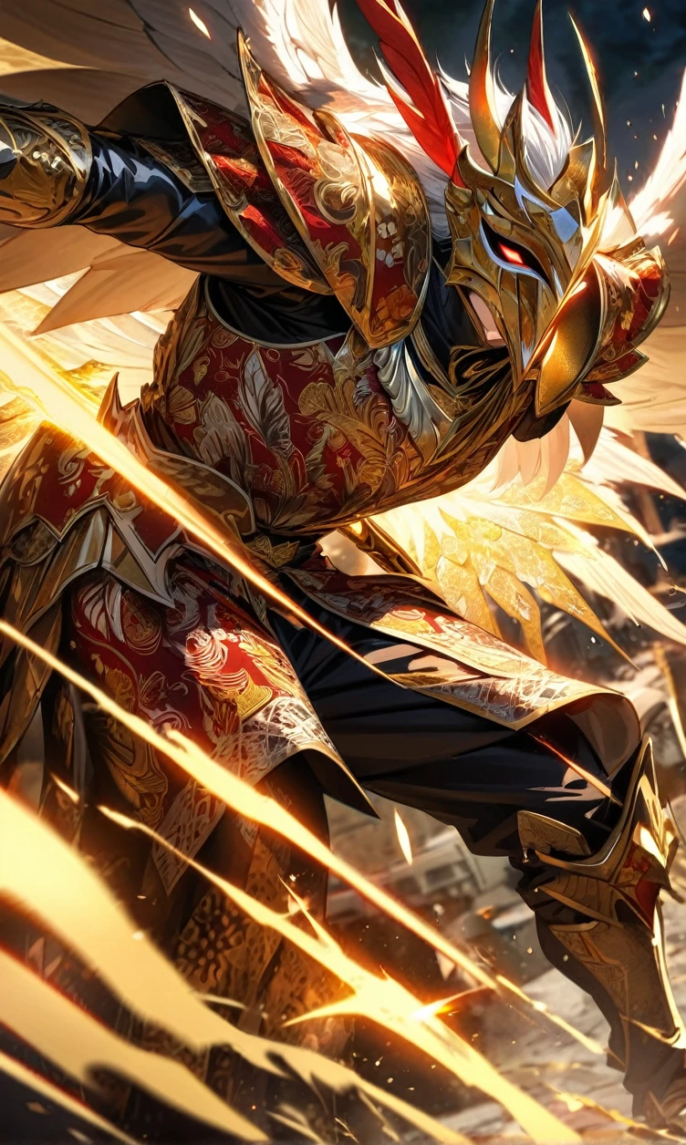 absurdres, highres, ultra detailed, HDR, masterpiece, extremely detailed face and eyes,Indonesian knight,Epic wings,red and white Garuda armor knight , Garuda knight mask, , Indonesia batik pattern , solo, man, handsome, ,, , Epic fight scene, golden splashing effect, golden effect,glowing glitters