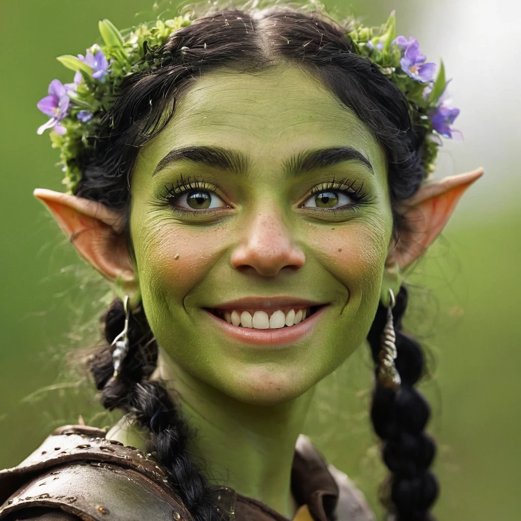 Standing barely taller than a dwarf's knee, this goblin female is a whirlwind of emerald green energy. Her skin, green, is surprisingly smooth, with only a smattering of freckles dusting her high cheekbones. Her large, almond-shaped eyes sparkle with mischief and intelligence, their irises a captivating amber that catches the sunlight like molten gold. Unlike the stereotypical hooked goblin nose, hers is more of a cute button nose, sprinkled with a dusting of permanent black soot – a charming reminder of her tinkering proclivities.
Her wiry black hair, streaked with surprising emerald green highlights, is pulled back in a messy but practical braid adorned with cogs and tiny gears – a testament to her mechanical aptitude. Pointed ears, characteristic of goblins, peek through the braid, adorned with a single silver earring shaped like a tiny wrench. Although she's short, her build is surprisingly strong and athletic, honed from years of navigating cramped tunnels and tinkering with heavy machinery.
A smattering of tiny freckles across her nose bridge.
A gap-toothed grin that flashes when she's excited or proud.
A mischievous glint in her eyes that hints at playful trouble.
A surprising fondness for brightly colored wildflowers tucked behind her ear.