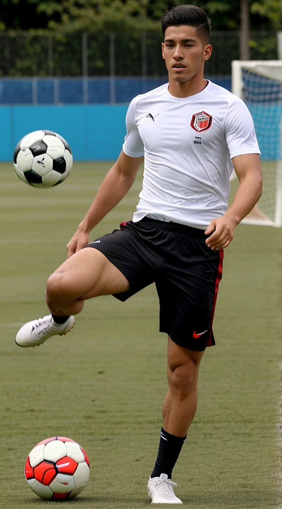 handsome guy, athletic build, Peruvian nationality, in move, one leg is bent and kicks a soccer ball, one foot is on the ground, full length, semi-sideways, wearing black shorts and a white T-shirt, Excellent quality, Photo, excellent dentalization, high quality