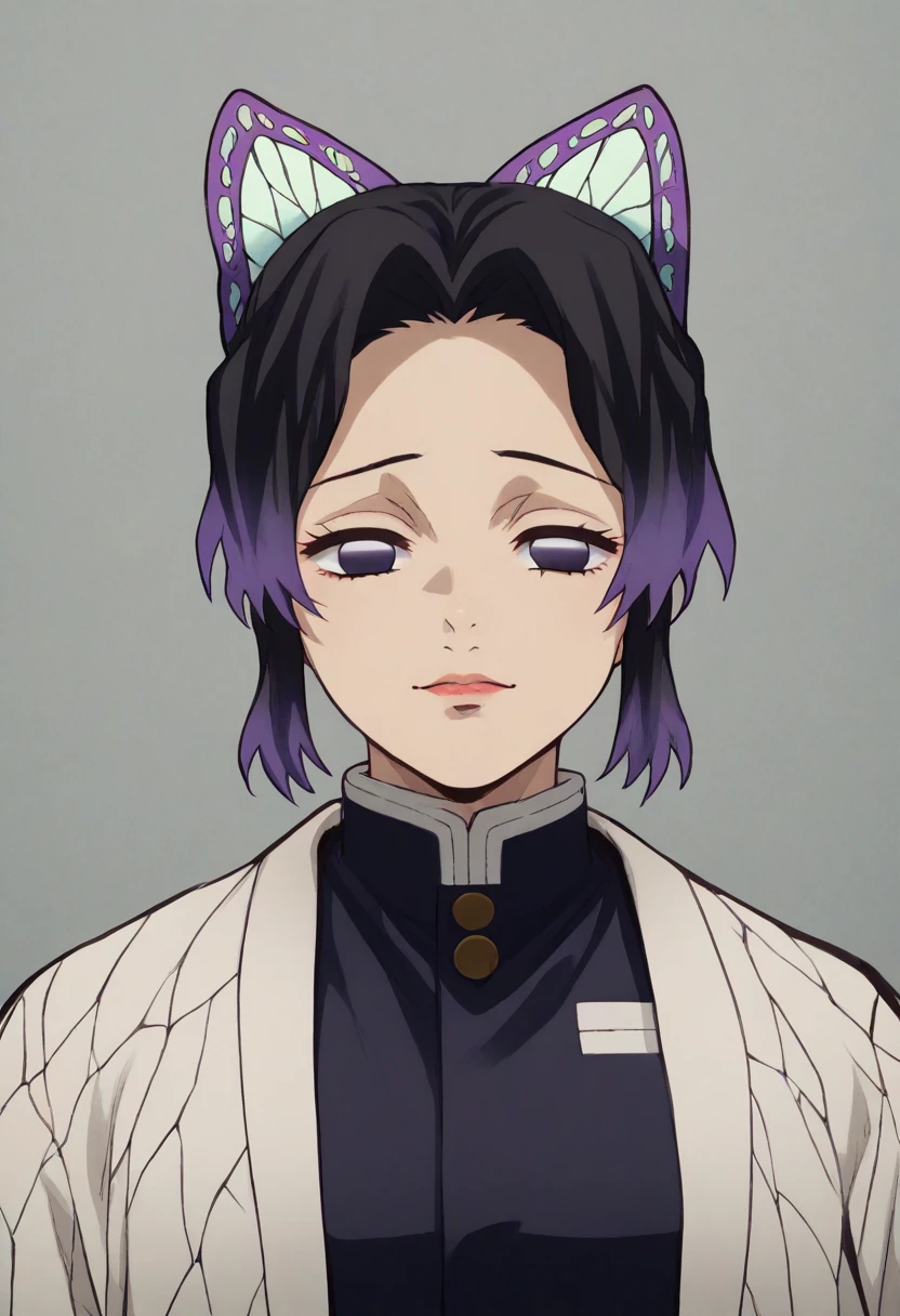  [32k|16k|best-quality], professional photo,  
Physics, Arctic_Missionary, Tension for sports , HD, 8K,  shinobu kocho (demon slayer), butterfly hair ornament, butterfly haori, demon slayer corps uniform, black/purple hair, purple eyes, anime style