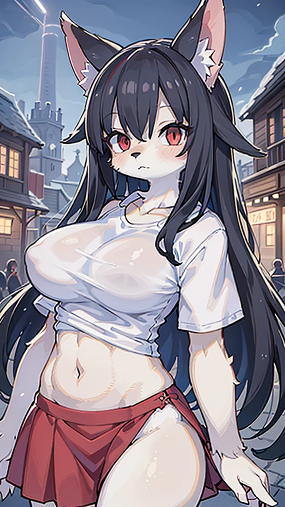 (masterpiece, Highest quality), Intricate details, 8K, Wolf Girl, whole body, (1 person), Red eyes, Big Breasts, Slim figure, furry, Long Hair, anime, expensive, Black Hair, White T-shirt, Red Skirt, Town, 10th Generation, The wind is blowing, Hair is flowing, Expressionless, Upper Body, noon, stomach