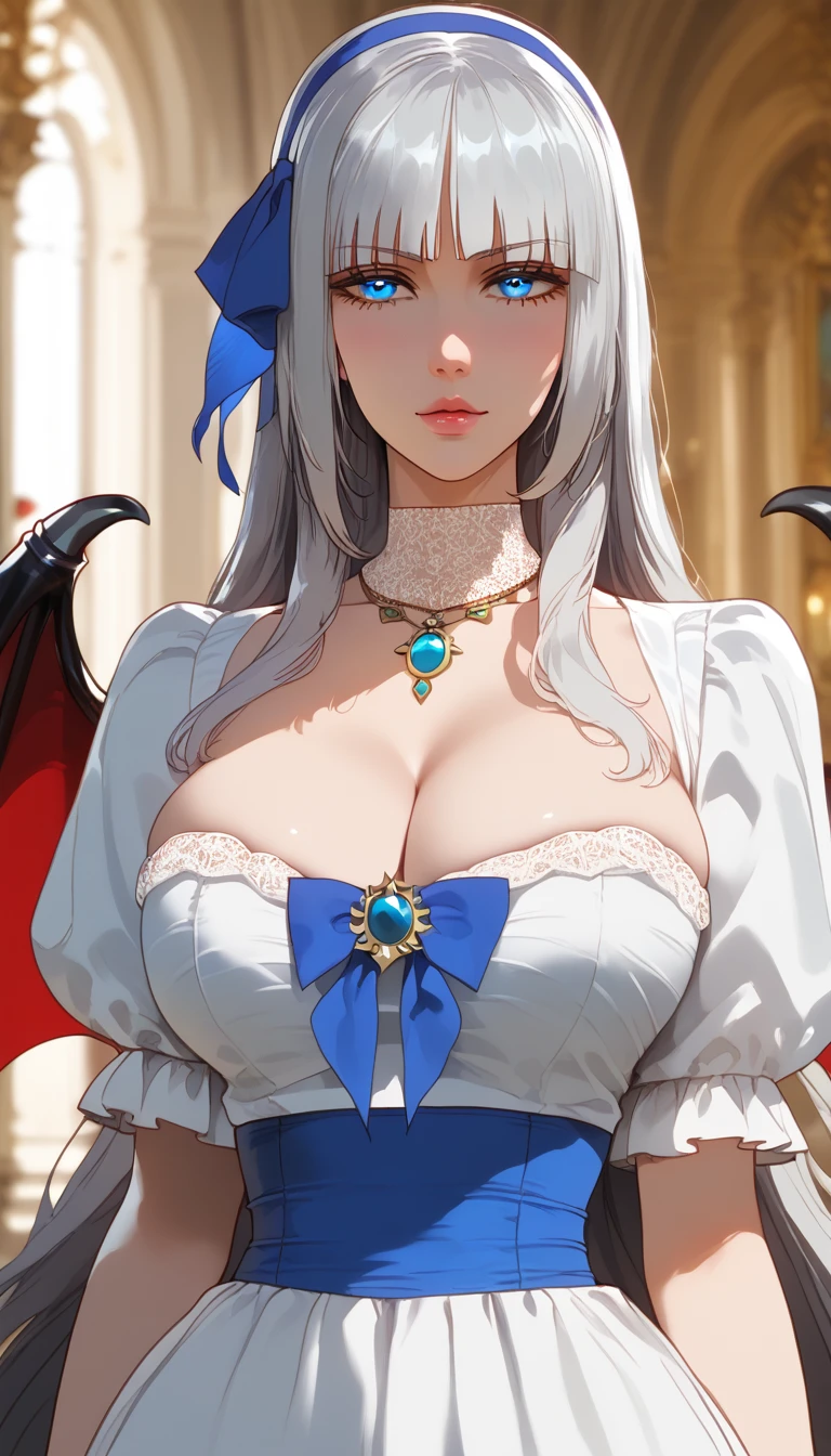 score_9, score_8_up, score_7_up, score_6_up, uncensored, mylene, long hair, silver hair, blue hairband, blue eyes, necklace, BREAK (masterpiece:1.2), best quality, high resolution, (detailed eyes:1.3), perfect lighting, (perfect hands, perfect anatomy), large breasts, soft focus, fantasy art, aged-up 1girl, head_wings, demon_wings, vampire, brooch, bowtie, upper body, tuxedo