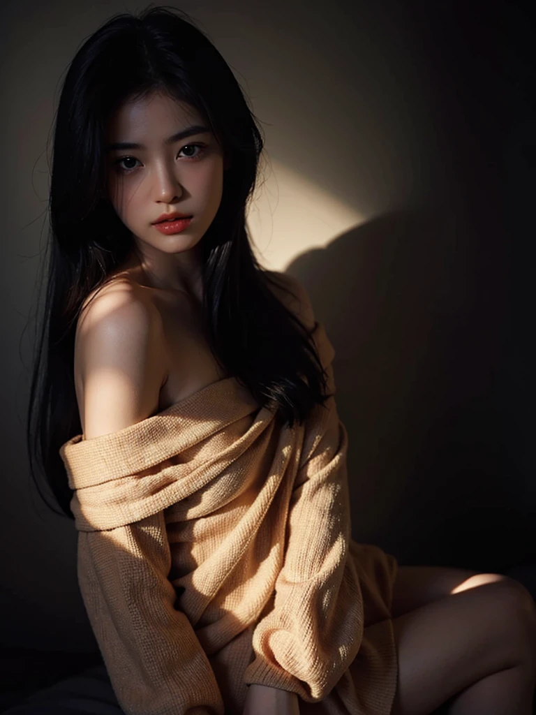 Highest quality、masterpiece、Ultra-high resolution、(Realistic:1.4)、1 girl、Off the shoulder、In the fog、Deep Shadow、Low Key