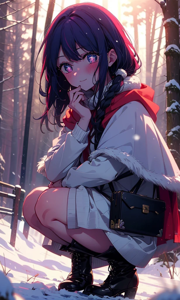 aihoshino, Ai Hoshino, Long Hair, bangs, (Purple eyes:1.1), Purple Hair, (Symbol-shaped pupil:1.5), smile,,smile,blush,White Breath,
Open your mouth,snow,Ground bonfire, Outdoor, boots, snowing, From the side, wood, suitcase, Cape, Blurred, , forest, White handbag, nature, Squat, Mouth closed, Cape, winter, Written boundary depth, Black shoes, red Cape break looking at viewer, Upper Body, whole body, break Outdoor, forest, nature, break (masterpiece:1.2), Highest quality, High resolution, unity 8k wallpaper, (shape:0.8), (Beautiful and beautiful eyes:1.6), Highly detailed face, Perfect lighting, Extremely detailed CG, (Perfect hands, Perfect ???????),