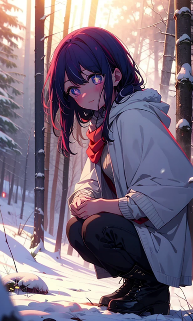 aihoshino, Ai Hoshino, Long Hair, bangs, (Purple eyes:1.1), Purple Hair, (Symbol-shaped pupil:1.5), smile,,smile,blush,White Breath,
Open your mouth,snow,Ground bonfire, Outdoor, boots, snowing, From the side, wood, suitcase, Cape, Blurred, , forest, White handbag, nature, Squat, Mouth closed, Cape, winter, Written boundary depth, Black shoes, red Cape break looking at viewer, Upper Body, whole body, break Outdoor, forest, nature, break (masterpiece:1.2), Highest quality, High resolution, unity 8k wallpaper, (shape:0.8), (Beautiful and beautiful eyes:1.6), Highly detailed face, Perfect lighting, Extremely detailed CG, (Perfect hands, Perfect Anatomy),