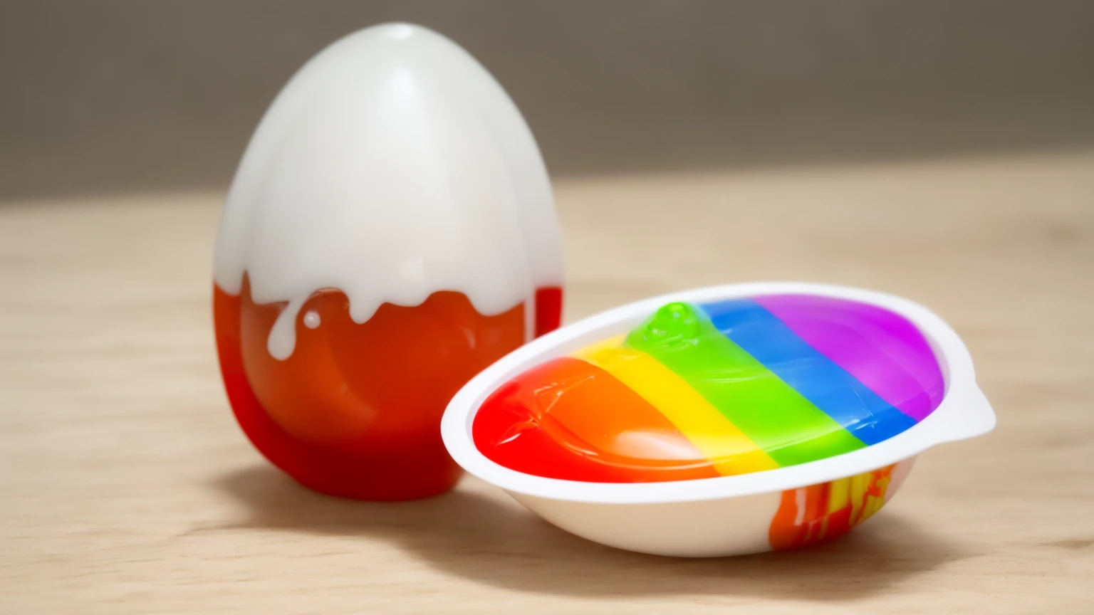on a wooden table, стоят две половинки plasticового яйца Kinder. Kinder egg-shaped packaging ((plastic)). in one of the halves there are rainbow drips of chocolate cream, Multiple light sources, Beautiful sunlight, bright lighting, Realistic style , realistic texture, detailed texture, A high resolution, high quality, macro photo, ultra hd 4k quality.