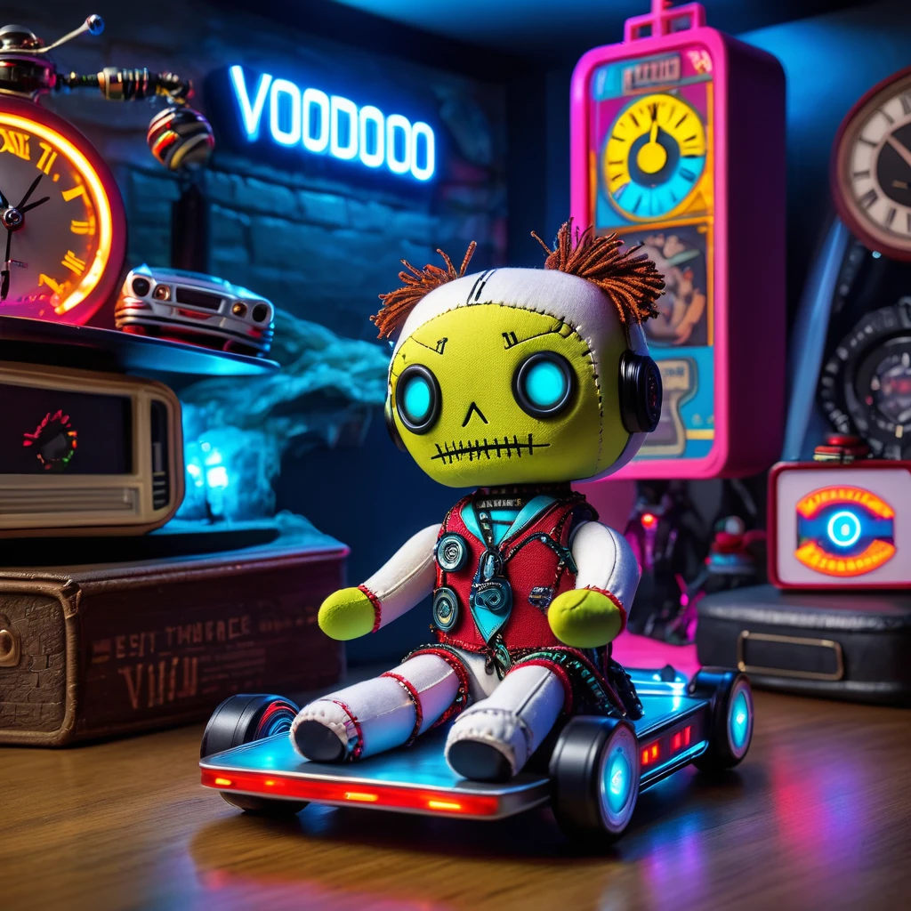(knitted toy voodoo doll:1.7), (Voodoo Doll in a Back to the Future Setting:1.3), (Clothing: 80s attire with a futuristic twist:1.0), (Accessories: enchanted hoverboard emitting a neon glow, floating clock tower:1.1), (background: iconic Hill Valley with a DeLorean time machine, flashing lights, and an atmosphere of time-traveling adventure:1.2), best quality, masterpiece, detailed soft oil painting, detailed background, dramatic cinematic lighting, soft edge lighting, professional, dramatic lighting, hard edge lighting, ultra quality, 4k, masterpiece, best quality, 8k, ultra high definition, high resolution, extremely detailed
