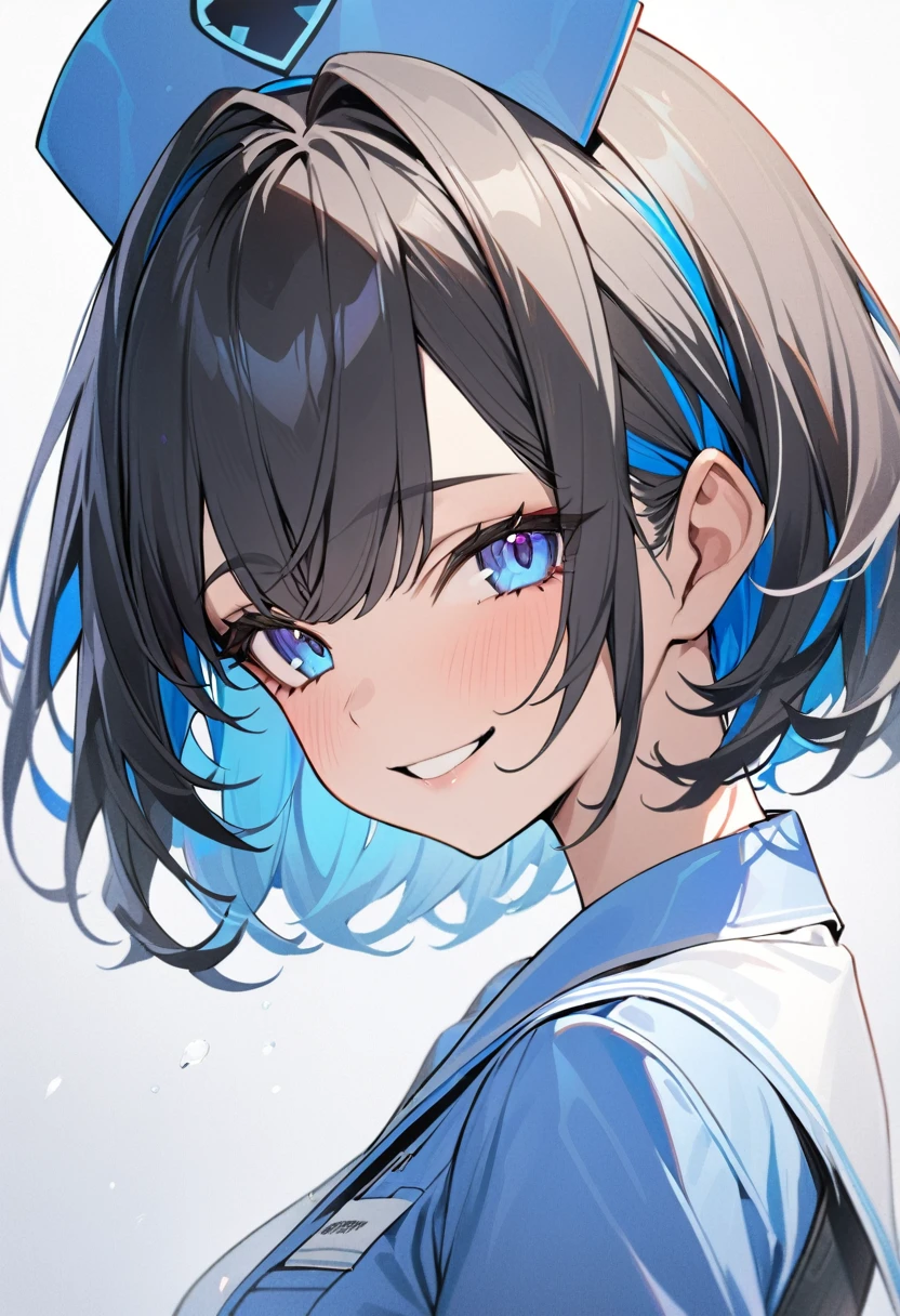 1girl, ((black short hair)) Blue eyeliner, upper body，simple background，blue inner hair, muticolored hair, colored inner hair, solo, masterpiece, best quality, ultra-detailed, happy, small smile, Blue eyes，Blue nurse uniform，Blue nurse cap on head