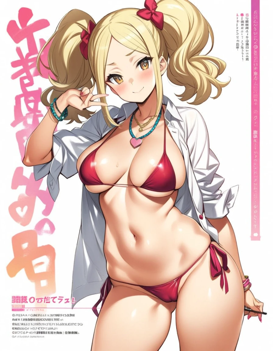 moisture /(chichi/), hotate-chan, lockheart, oyari ashito, 1girl, solo, official art, gyaru, blond hair, twintail, large breast, shiny skin, groin, bikini, open shirt, side tie, necklace, bracelet, standing, contrapposto, head tilt, smile, naughty, mesugaki, blush, vulgarity, white background, simple background, peace sign, netorare, nsfw