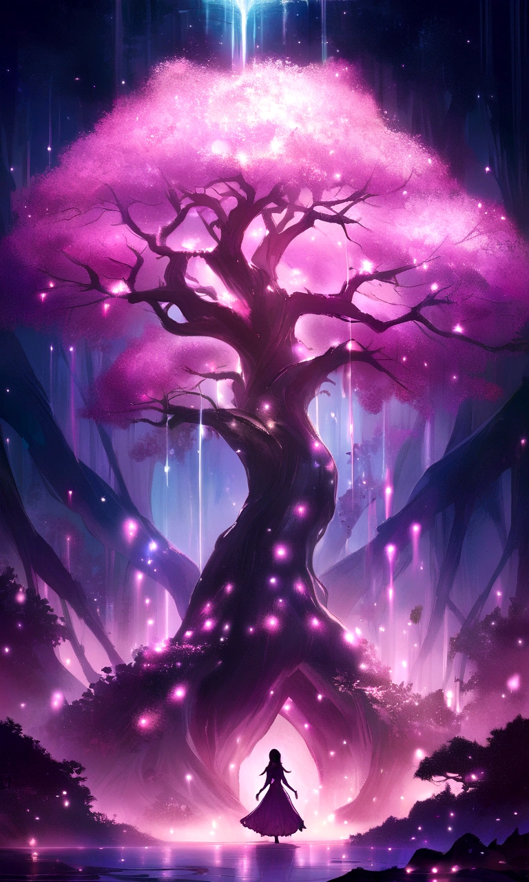 Painting of a tree with lights on the branches, Concept Art:Yang J, Trending on CGSociety, Fantasy art, Magic Tree, fantasy gorgeous lighting, So magical and dreamy, Magical atmosphere, . Fantastic Light, Magical Environment, Magic Tree, Enchanted and magical forest, enchanted magical fantasy forest, Fantasy Tree, magical fantasy forest, very beautiful Fantasy art, Fairy-like atmosphere