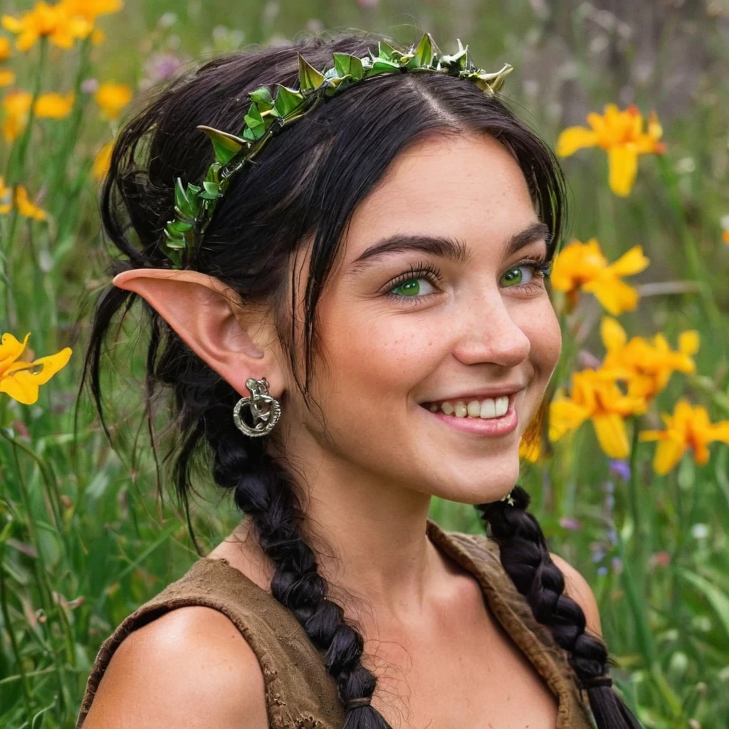 
Standing barely taller than a dwarf's knee, this goblin female is a whirlwind of emerald green energy. Her skin, green, is surprisingly smooth, with only a smattering of freckles dusting her high cheekbones. Her large, almond-shaped eyes sparkle with mischief and intelligence, their irises a captivating amber that catches the sunlight like molten gold. Unlike the stereotypical hooked goblin nose, hers is more of a cute button nose, sprinkled with a dusting of permanent black soot – a charming reminder of her tinkering proclivities.
Her wiry black hair, streaked with surprising emerald green highlights, is pulled back in a messy but practical braid adorned with cogs and tiny gears – a testament to her mechanical aptitude. Pointed ears, characteristic of goblins, peek through the braid, adorned with a single silver earring shaped like a tiny wrench. Although she's short, her build is surprisingly strong and athletic, honed from years of navigating cramped tunnels and tinkering with heavy machinery.
A smattering of tiny freckles across her nose bridge.
A gap-toothed grin that flashes when she's excited or proud.
A mischievous glint in her eyes that hints at playful trouble.
A surprising fondness for brightly colored wildflowers tucked behind her ear.