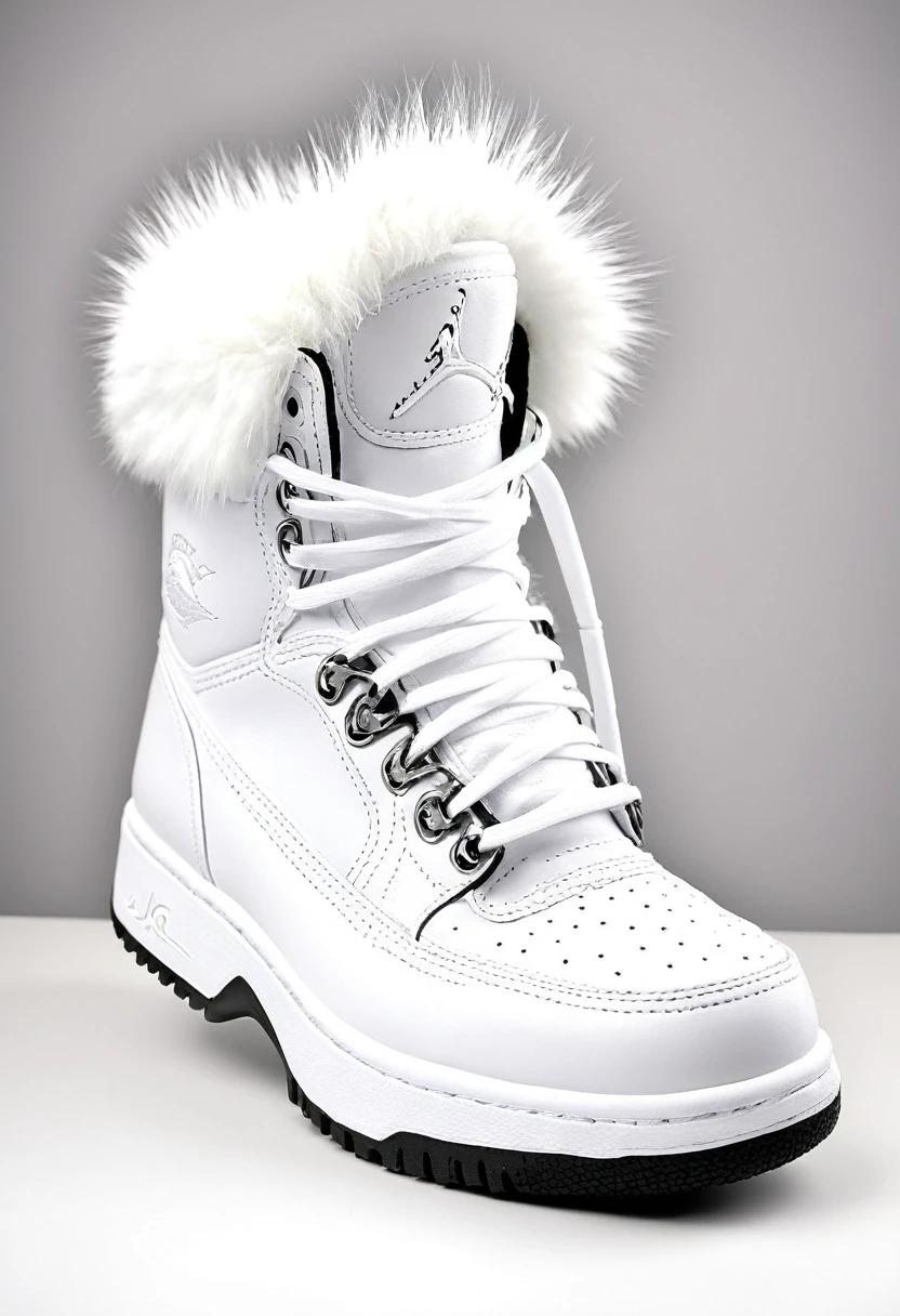 Realistic and high quality product photo jordan shoe of a real human-like snarling saliva covered with white faux fur, dslr, photo realistic, high details