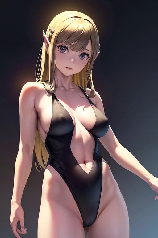 Show me Zelda, Highest quality,(RAW Photos:1.2),(masterpiece:1.4),(Realistic:1.4),(High resolution:1.4),Written boundary depth,Exquisitely crafted,8K, Very detailed, Perfect lighting, Great background((Highly accurate rendering down to the finest detail)Very accurate depiction)[High resolution],(Familiar illustrations,Very detailed drawing,Finely drawn lines with good tempo,Realistic texture expression)黒のハイレグレオタードを着ているYoung Girl、A girl wearing a black high-cut swimsuit、Are standing、Cowboy Shot、alone、Young Girl、In the ruins、Moonlit Night、Elementary school girl、 body type