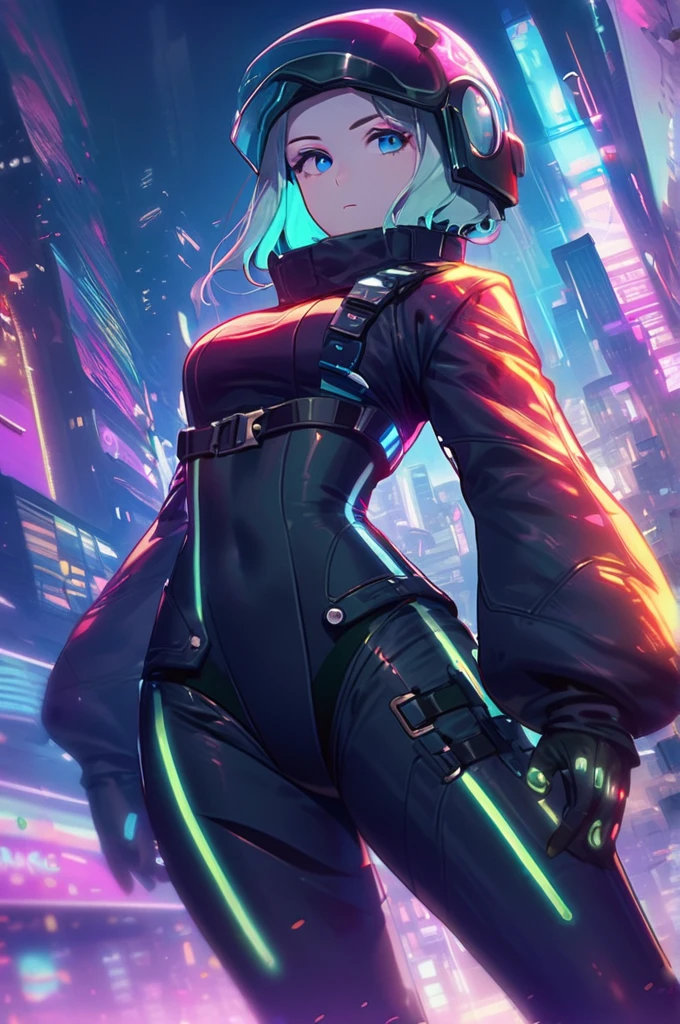 ((Лучшее качество)), ((шедевр)), (подробный), 1 girl, tight biker costume, cyber punk, (cyber punk:1,8), bent slightly in front, , bodysuit, chest, building, city, gun, helmet, closed biker helmet, science fiction, solo