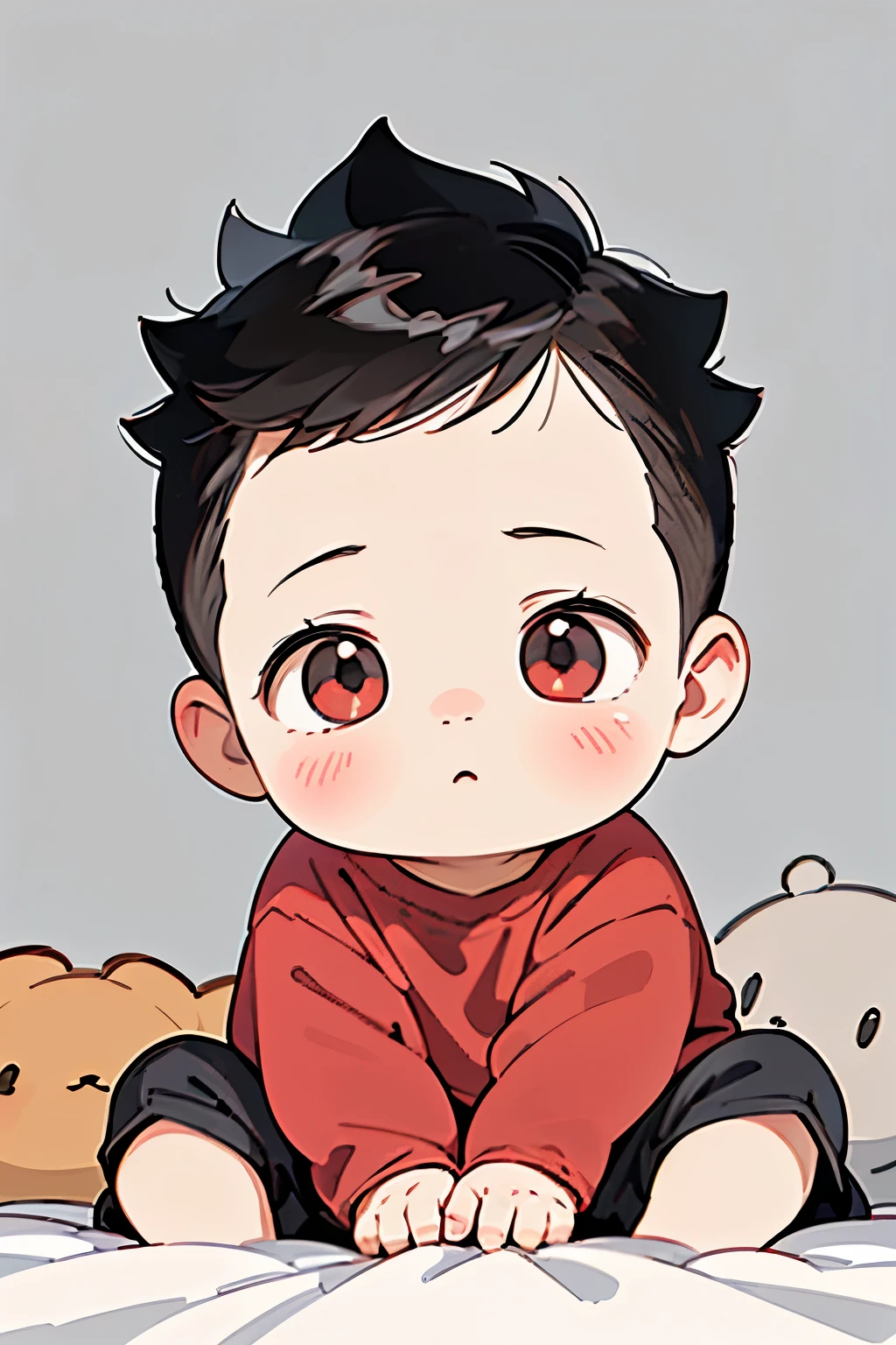 (high-quality, breathtaking),(expressive eyes, perfect face) portrait, Symmetrical Eyes, 1boy, solo, 1 , black hair, red coloured eyes, short hair, spiked hair, fluffy hair, baby faceckground, stone wall background, detailed eyes, sitting in a pile of blankets, red shirt, black shorts, rattle
