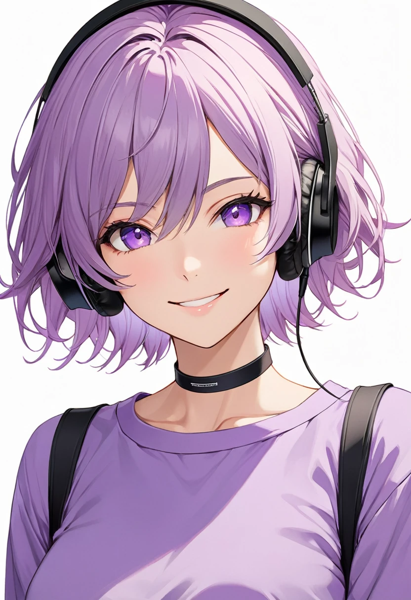 High-resolution anime digital art, Masterpiece, upper body, tomboy, mature, sexy, smart, hair color black, hairstyle short, real detail eyes pupil purple, long purple plain shirt, black chokers, black headphone wireless, Happy face (simple background, white background)