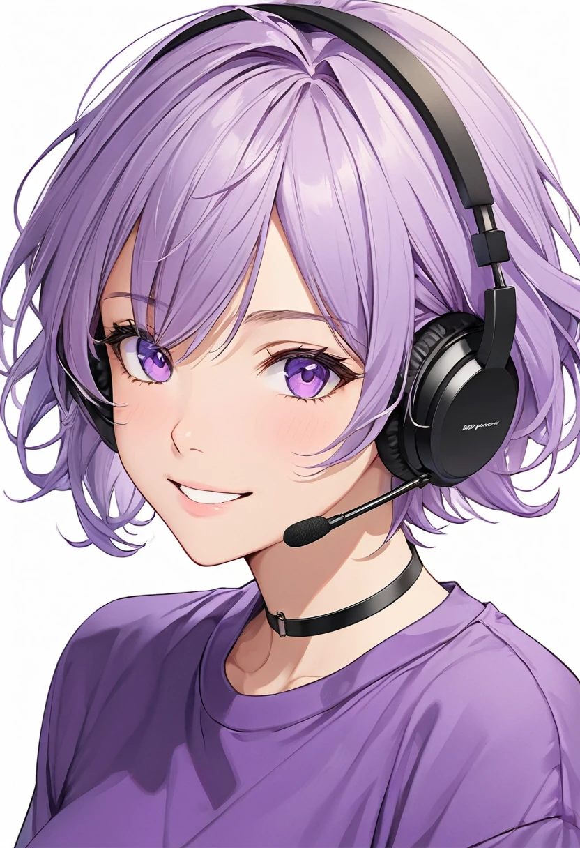 High-resolution anime digital art, Masterpiece, upper body, tomboy, mature, sexy, smart, hair color black, hairstyle short, real detail eyes pupil purple, long purple plain shirt, black chokers, black headphone wireless, Happy face (simple background, white background)