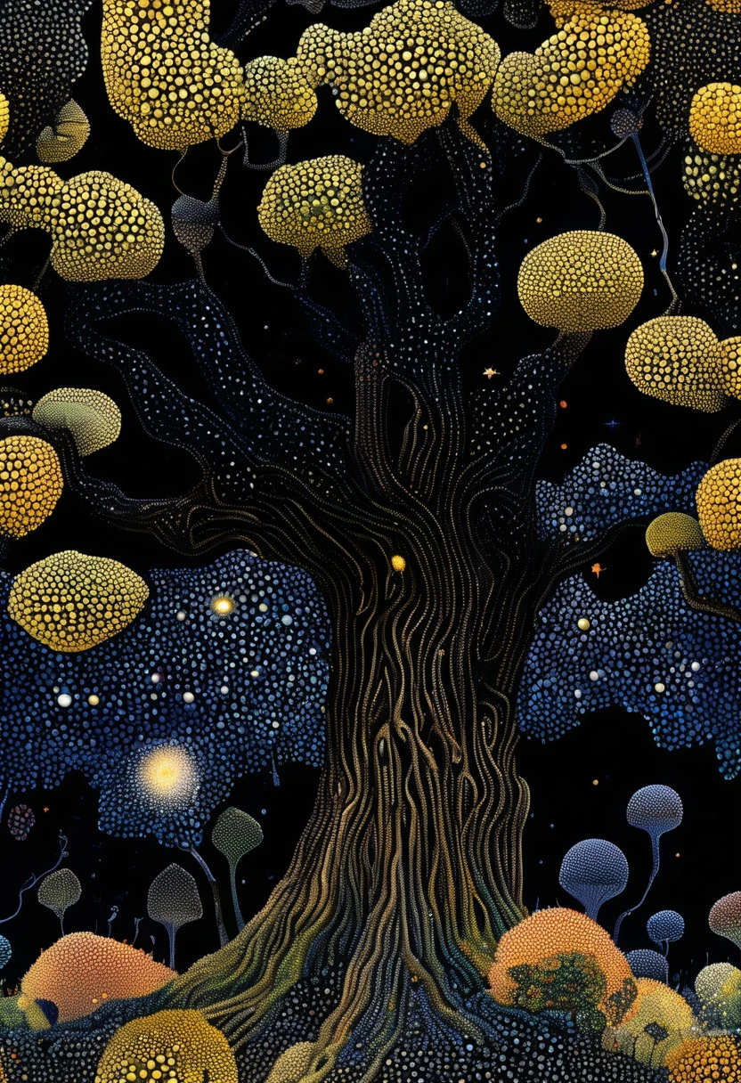 Georges Seurat:Strange illustration,Pointillism method,Trypophobia,1 old tree,unrealistic,Strong visual impact,black background,Star,3D visuals