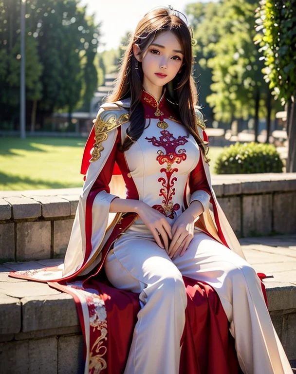 PRİNCESS, Female Warrior, short hair, full body armored, Sexy red and white bikini armor, Long-legged girl, Put on red and white gold boots, ,full body xianxia, Huge breasts，Looks shy, Sad face, fantasy clothing, Put on a cape, Lace cape，Wearing fantasy clothing, Real 8000g，Impeccable，masterpiece，Professional artwork，masterpiece，Light，Bloom，Perfect face，Pretty Face，fantasy，Fantastic and magical，not real，Intricate details，beautiful pattern