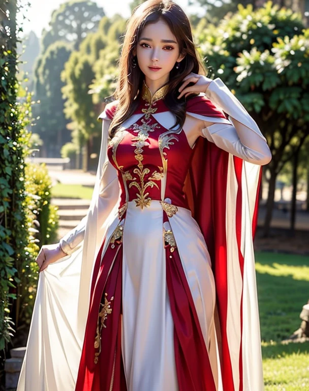 PRİNCESS, Female Warrior, short hair, full body armored, Sexy red and white bikini armor, Long-legged girl, Put on red and white gold boots, ,full body xianxia, Huge breasts，Looks shy, Sad face, fantasy clothing, Put on a cape, Lace cape，Wearing fantasy clothing, Real 8000g，Impeccable，masterpiece，Professional artwork，masterpiece，Light，Bloom，Perfect face，Pretty Face，fantasy，Fantastic and magical，not real，Intricate details，beautiful pattern