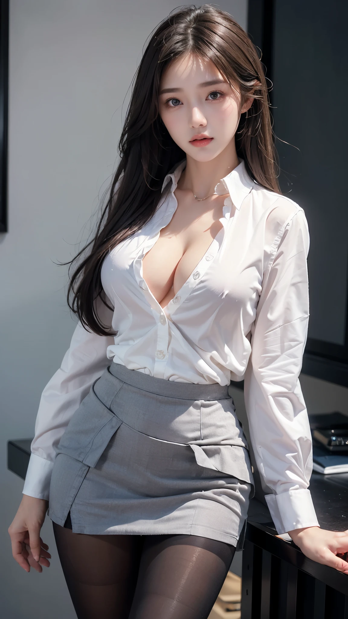((Best quality, 8k, Masterpiece :1.1)), Sharp focus :1.2, A Pretty Girl 18 years old with perfect figure :1.4, Slender abs :1.2, ((Layered long hair, Beautiful breasts :1.2)), (White tight shirt :1.3), office wear, mini black tight skirt (Sultry) ((Aroused: 1.5)), night: 1.5, Supper beautiful face, Supper beautiful eyes, ((detailed face)), ((detailed eyes)) ((detailed office uniform)), ((detailed clothing)), ((detailed pantyhose)), revealing cleavage , Rain :1.5, Street:1.3, Highly detailed face and skin texture, Detailed eyes, Double eyelid