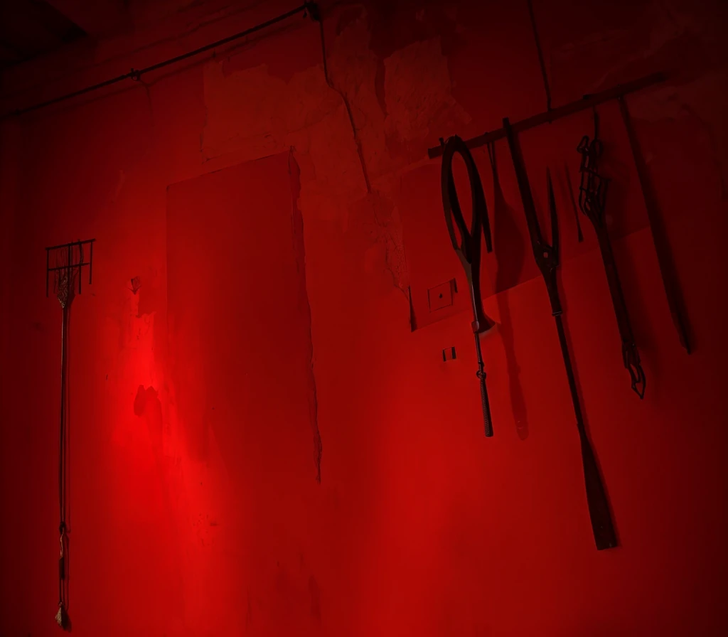 indoors,Old walls,{{red theme}},{dim},dungeon,SM tools hanging on the wall