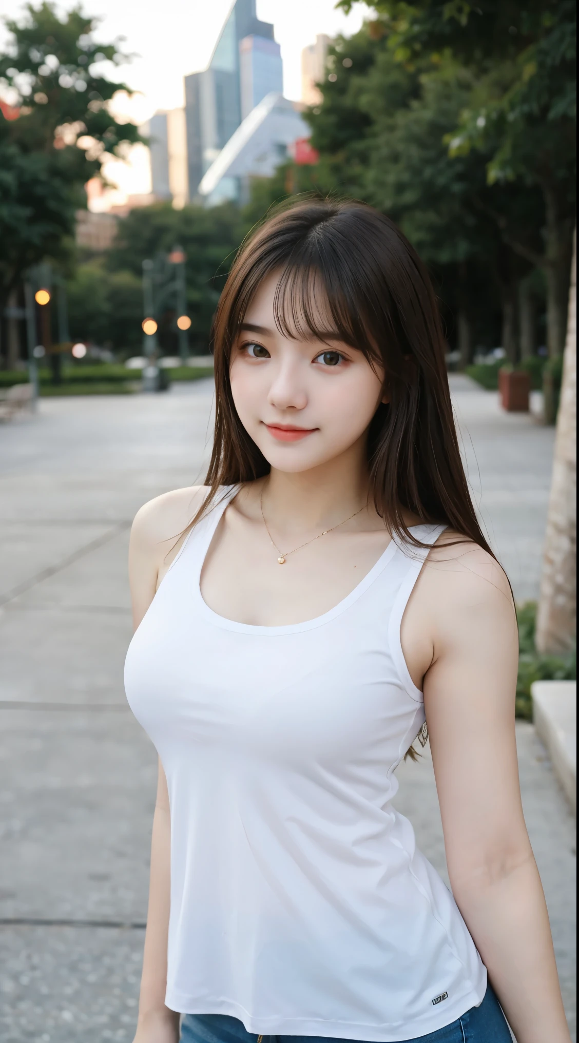 Gorgeus Girl, Beautiful, , 20 Years Old, White Skin, Beside, Sexy Pose, wearing tank top, Bokeh, park Background, Masterpiece, asking for a hug, full body Shot