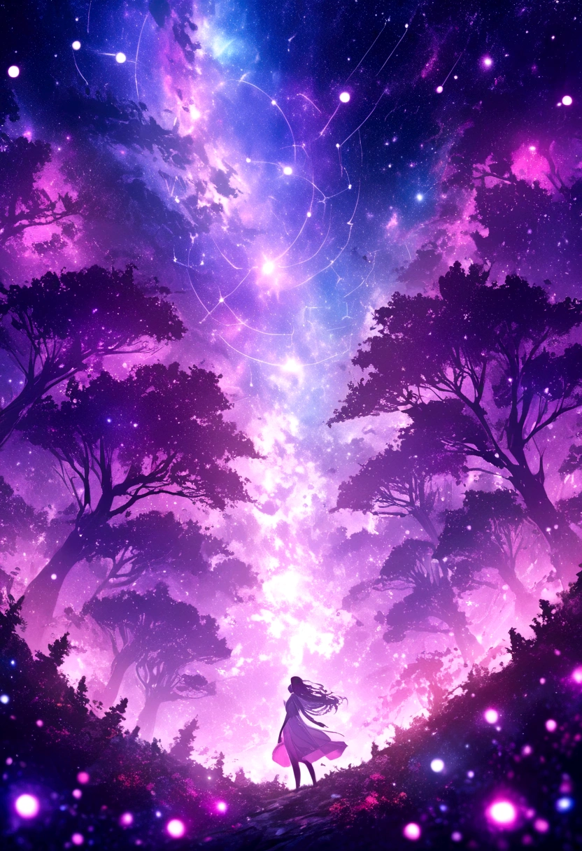 beautiful girl, A captivating cosmic view featuring a constellation shaped like a mystical forest, with intricate patterns in enchanting tones of purples, pinks, and whites. best quality, masterpiece, ultra-detailed, 8k, depth of field, cinematic composition, Light Celestial radiance, with the vibrant hues