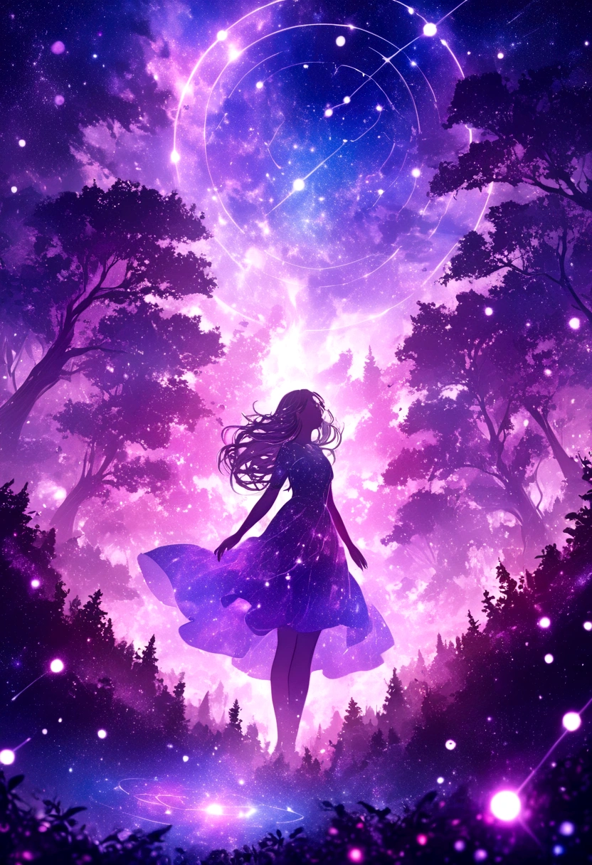 beautiful girl, A captivating cosmic view featuring a constellation shaped like a mystical forest, with intricate patterns in enchanting tones of purples, pinks, and whites. best quality, masterpiece, ultra-detailed, 8k, depth of field, cinematic composition, Light Celestial radiance, with the vibrant hues