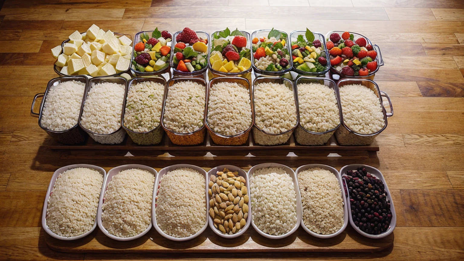Depict a balanced plate divided into sections, showing half filled with colorful fruits and vegetables, a quarter with lean proteins (like chicken and beans), and the remaining quarter with whole grains (like brown rice and quinoa). The background can include a kitchen with cooking tools and fresh ingredients, emphasizing practicality.