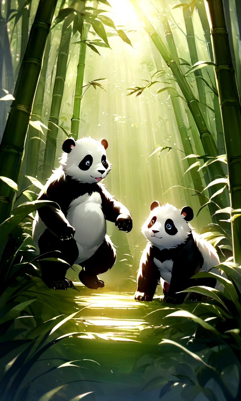 ４ＫTwo cute furry panda cubs in realistic rolls on a sunny bamboo glade, Warm light filters through the leaves. detailed fur texture, Quiet natural atmosphere, Gentle lighting. ●AR4:5 - s 400 - 虹5