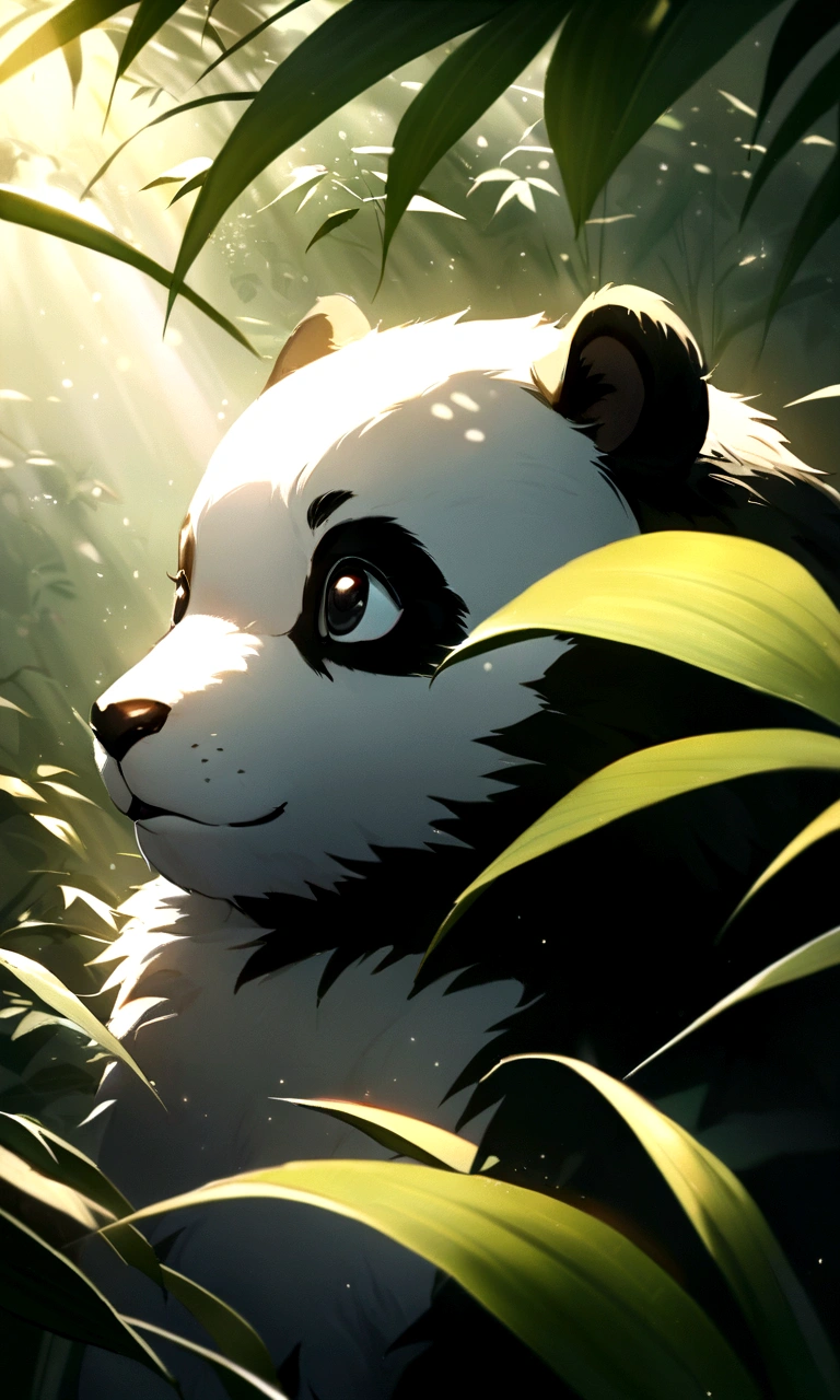 4KTwo cute furry panda cubs in realistic rolls on a sunny bamboo glade, Warm light filters through the leaves. detailed fur texture, Quiet natural atmosphere, Gentle lighting. ●AR4:5 - s 400 - 虹5