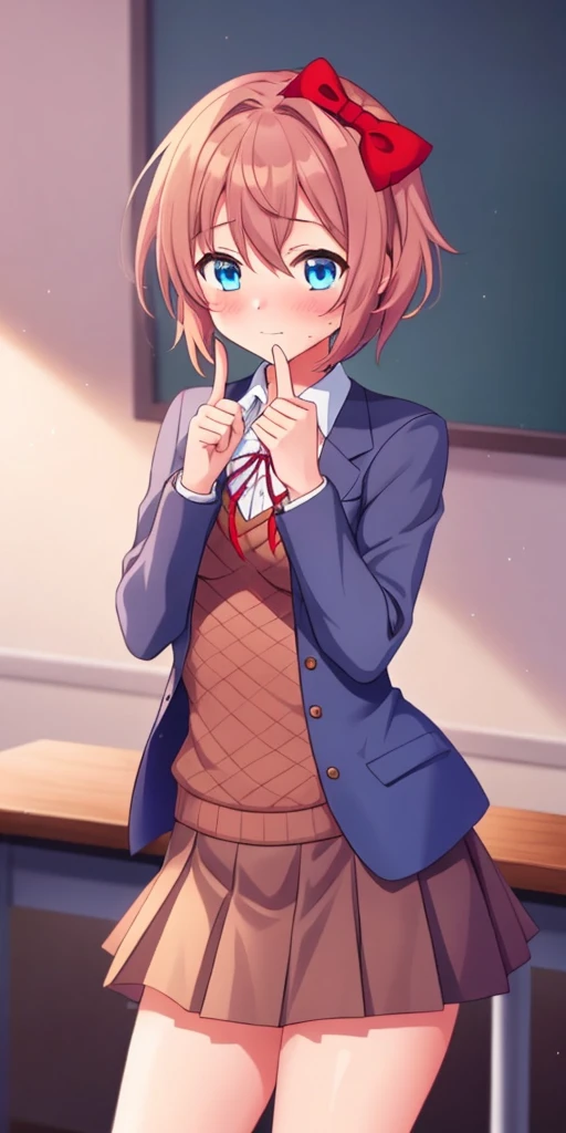 one girl, Sayori, DDLC, school blazer, hair bow, close to girl, too gentle, blue eyes, beautiful, skirt, cowboy shot, (clumsy girl), cartoon, girl often make mistakes, shy, cute, touch her tip of right index fingers with her left one