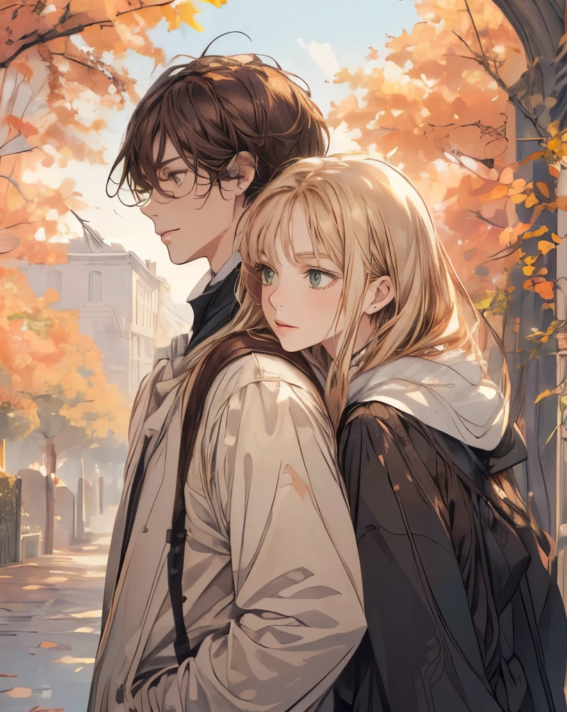 ((masterpiece,best quality)),1girl, long hair, green eyes, romantic background, branch, ((light ginger straight)) hair girl, ((dark blond)) hair boy, dappled sunlight, flower, from side, ((modern classic style)), car, (realistic bakground)), obi, outdoors, sash, solo, sunlight, upper body