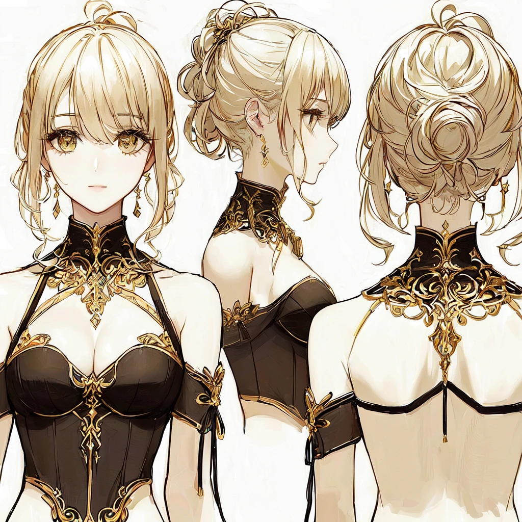 High quality, realistic texture illustrations, Costume design, Deep black firm fabric bondage, Shiny gold decoration, Realistic color tones,