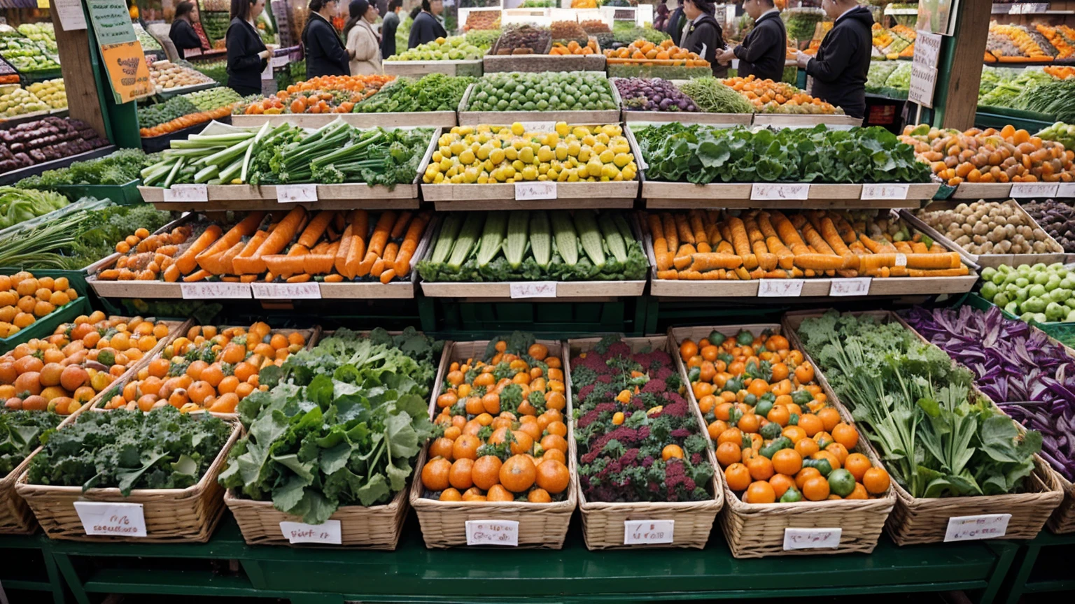 Visualize a vibrant market stand filled with a variety of vegetables in different colors. Include greens like spinach and kale, and orange vegetables like carrots and sweet potatoes. The vendor could be handing a basket filled with these vegetables to a happy customer, highlighting the importance of variety.