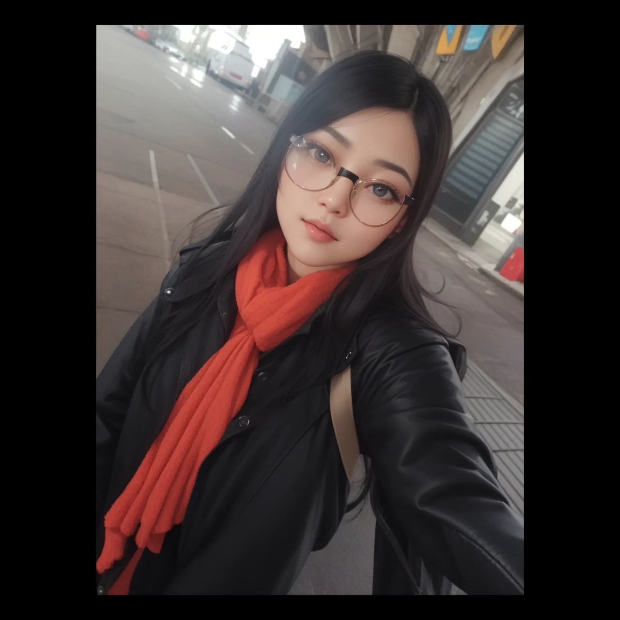 A woman with a round face, long black hair, side hairstyle medium nose, medium lips, large eyes with medium square lenses and purple rim, black jacket, Brown eyes
