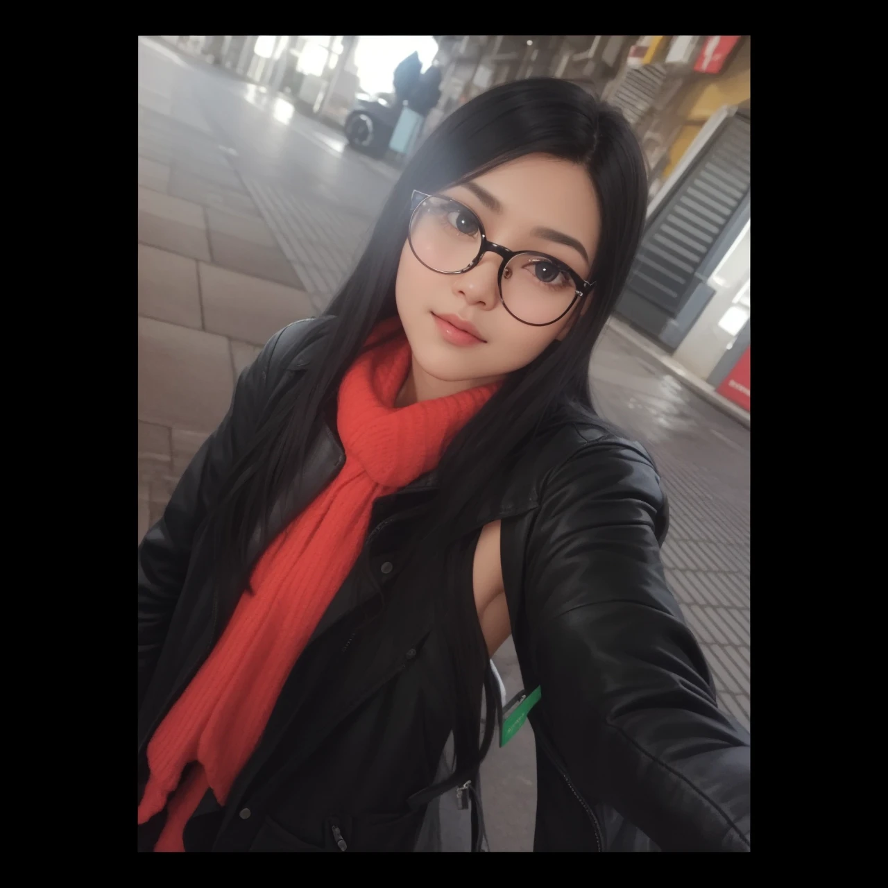 A woman with a round face, long black hair, side hairstyle medium nose, medium lips, large eyes with medium square lenses and purple rim, black jacket, Brown eyes