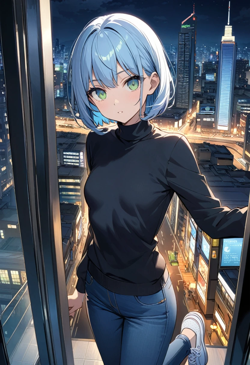 Light blue hair、Short Bob、Deep green eyes、Small breasts、25 years old,Shinjuku、skyscrapers are exploring 、Night view、Black turtleneck、Blue Jeans、White Deck Shoes、Returning home、