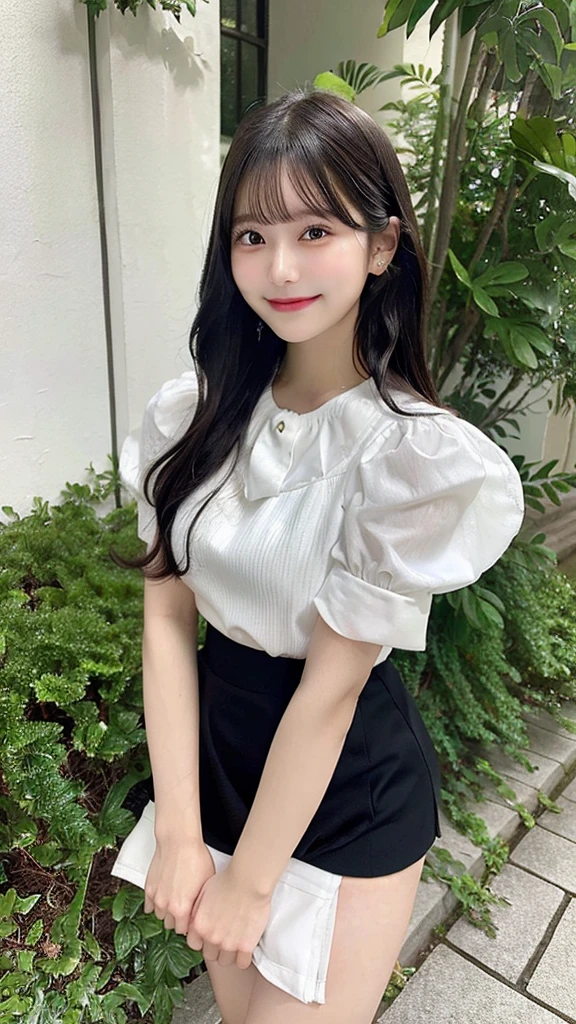 15 years old,1 ,aqua mini skirt,white blouse,hugging own legs,smiling,semi-long hair,wavy hair,black hair,outdoor,masterpiece, extremely fine and beautiful,russian