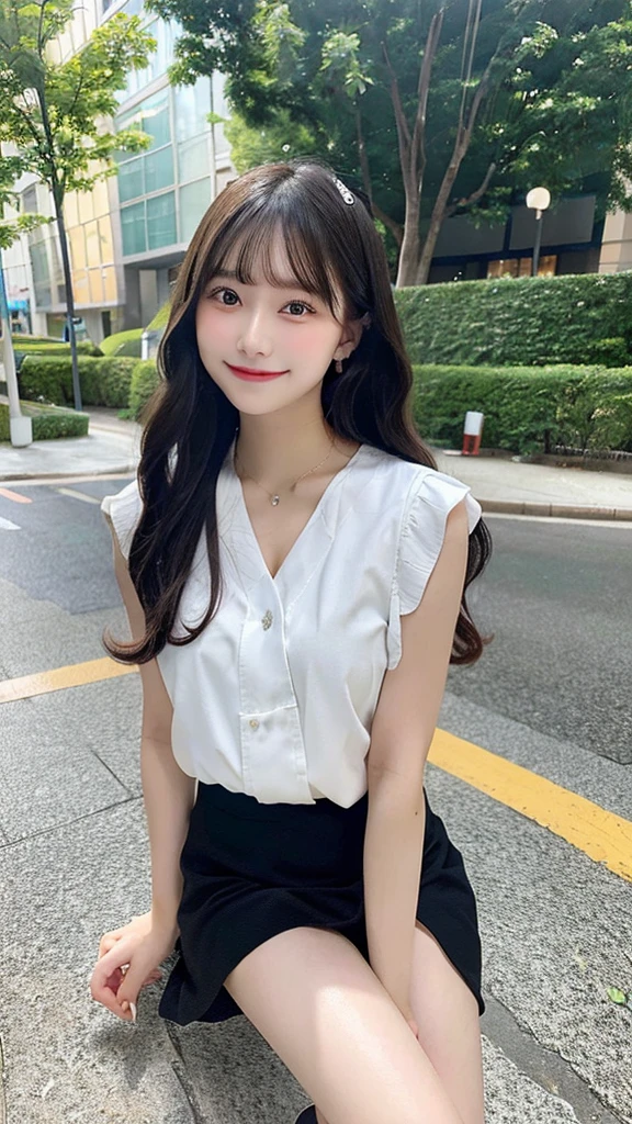 15 years old,1 ,aqua mini skirt,white blouse,hugging own legs,smiling,semi-long hair,wavy hair,black hair,outdoor,masterpiece, extremely fine and beautiful,russian