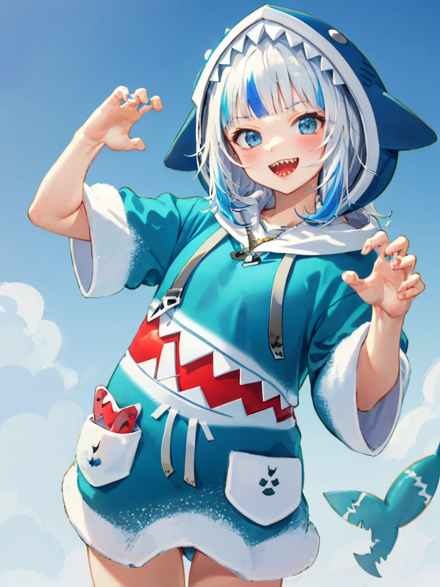 masterpiece, best quality, ultra-detailed, absurdres, colorful, gawr gura, detailed eyes, wide-eyed, eyelashes, looking at viewer, cowboy shot, (blue background:0.9), (standing:0.7), blue hoodie, shark tail, sharp teeth, claw pose, hood up, (Smiley Face:1.0), pockets, hands up