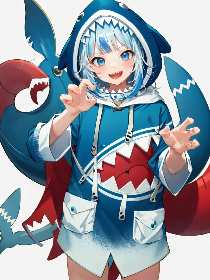 masterpiece, best quality, ultra-detailed, absurdres, colorful, gawr gura, detailed eyes, wide-eyed, eyelashes, looking at viewer, cowboy shot, (blue background:0.9), (standing:0.7), blue hoodie, shark tail, sharp teeth, claw pose, hood up, (Smiley Face:1.0), pockets, hands up