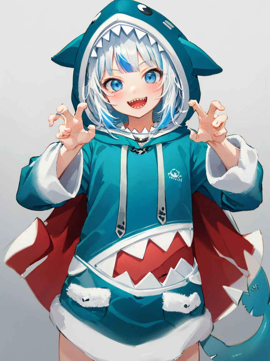 masterpiece, best quality, ultra-detailed, absurdres, colorful, gawr gura, detailed eyes, wide-eyed, eyelashes, looking at viewer, cowboy shot, (blue background:0.9), (standing:0.7), blue hoodie, shark tail, sharp teeth, claw pose, hood up, (Smiley Face:1.0), pockets, hands up