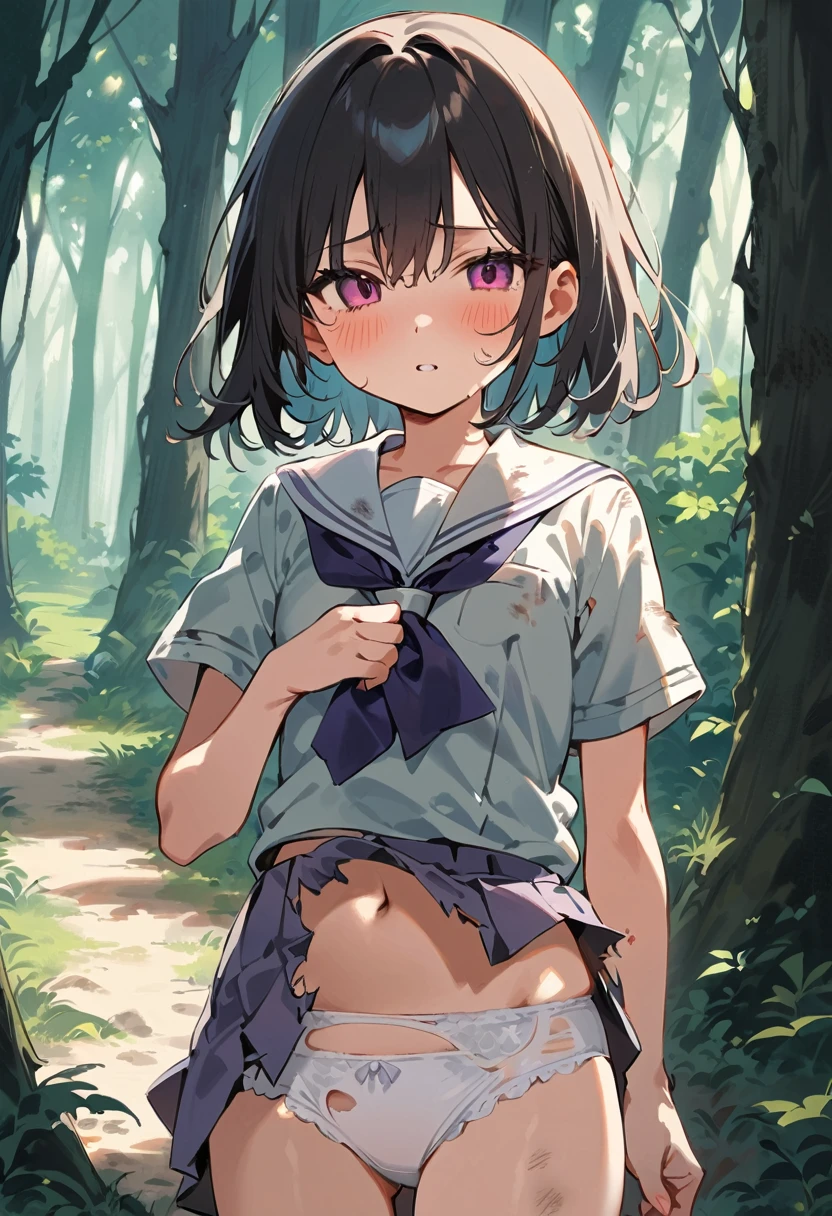 beautiful detailed girl,(masterpiece,best quality,extremely detailed:1.2),((cowboy shot:1.1)),(solo,,kawaii,slender,small breasts:1.25),(pained look:0.8),((white underwear) in ((Torn school uniform)):2),(dirty:2),blush,shy,weep,standing,(deep forest:1.5),(hug:0.4),rating: general, newest,Sexy face,(primitive:1.1)