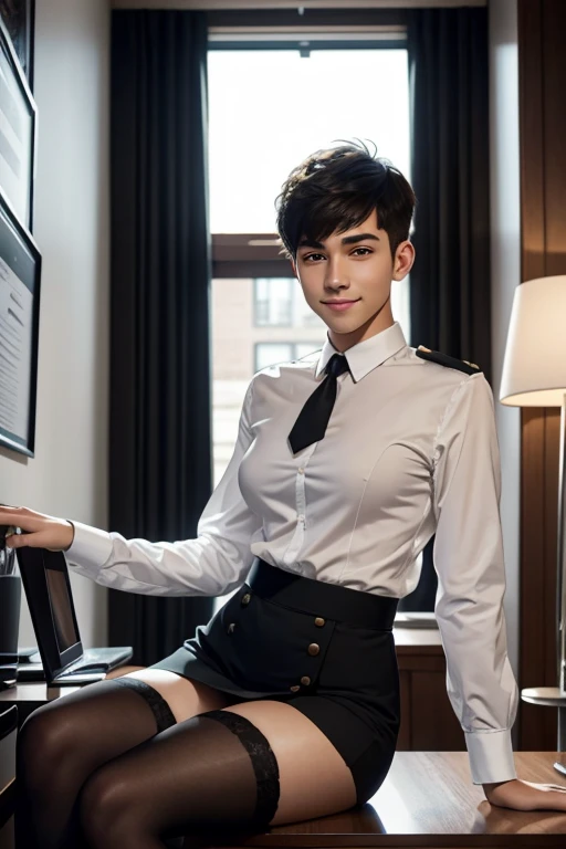 Best Quality, Full Body Portrait, Cinematic Texture Shot, Exquisite Face, Beautiful Face, 20 Year Old , young man, Smiling, Slim Figure, Small Bust, OL Uniform, Office Wear, Black Stockings, Interior Scene, Office, Seated, wide hips, thin and narrow weist, big large feminine breasts, large male reproductive organs, very small spikey boyish haircut, long legs, thick thighs, hot male , hot male