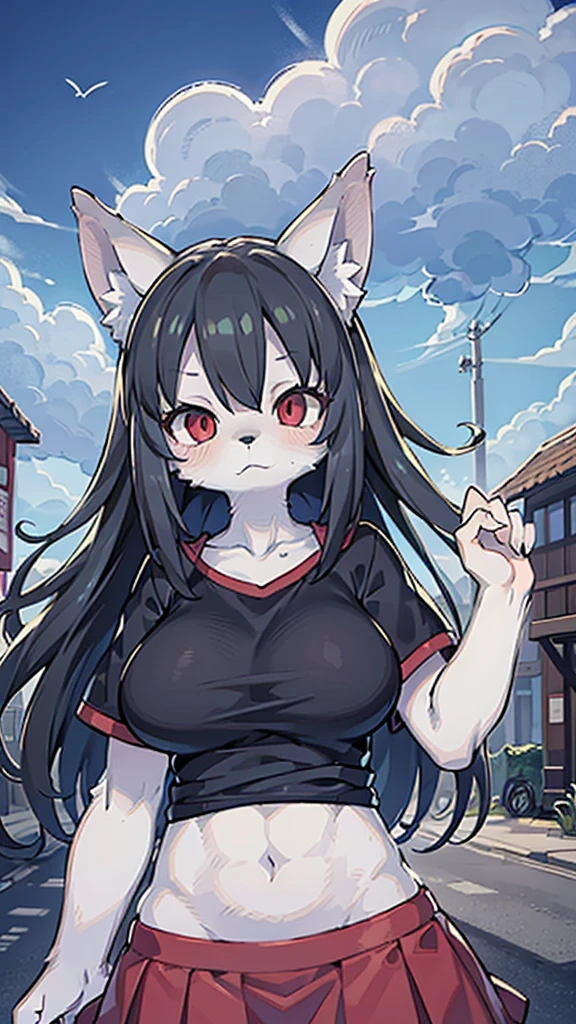 (masterpiece, Highest quality), Intricate details, 8K, Wolf Girl, whole body, (1 person), Red eyes, Big Breasts, Slim figure, furry, Long Hair, anime, expensive, Black Hair, Black T-shirt, Red Skirt, Town, 10th Generation, The wind is blowing, Hair is flowing, Expressionless, Upper Body, noon, stomach